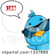 Poster, Art Print Of Cartoon Happy Blue Bird Wearing Sunglasses And Peeking Around A Corner And Saying Hi