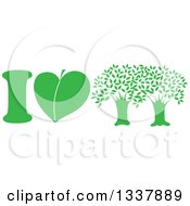 Poster, Art Print Of Green I Love Trees Design With A Heart Shaped Leaf
