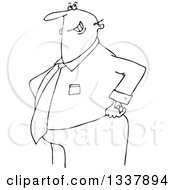 Lineart Clipart Of A Cartoon Black And White Happy Chubby Businessman With His Hands On His Hips Royalty Free Outline Vector Illustration