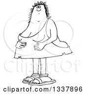 Cartoon Black And White Chubby Cave Woman Holding Her Stomach
