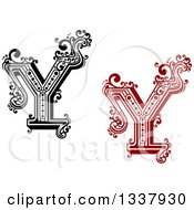 Poster, Art Print Of Retro Black And White And Red Capital Letter Y With Flourishes