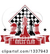 Red And Black Chess Pieces Against A Checker Board Above A Text Banner 2