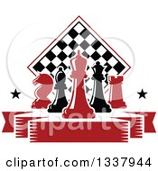 Red And Black Chess Pieces Against A Checker Board Above A Blank Banner With Stars