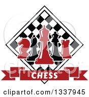 Poster, Art Print Of Red And Black Chess Pieces Against A Checker Board Above A Text Banner