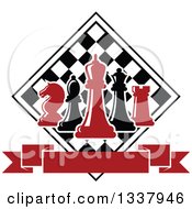 Red And Black Chess Pieces Against A Checker Board Above A Blank Banner