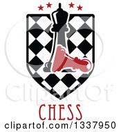 Black Chess Queen Over A Fallen Red Pawn On A Checker Shield With Stars And Text