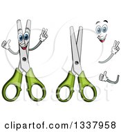 Clipart Of A Cartoon Face Hands And Green Handled Scissors Royalty Free Vector Illustration