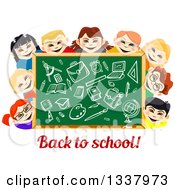 Poster, Art Print Of Cartoon Chalkboard And Happy School Children With Supplies Drawn Over Text