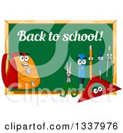 Poster, Art Print Of Cartoon Chalkboard With Back To School Text And Supply Characters