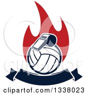 Poster, Art Print Of Navy Blue Volleyball And Whistle Over Red Flames And A Blank Banner