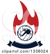 Poster, Art Print Of Navy Blue Volleyball And Whistle Over Red Flames And A Blank Banner 2