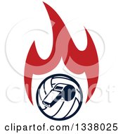 Poster, Art Print Of Navy Blue Volleyball And Whistle Over Red Flames