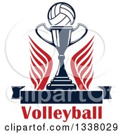 Clipart Of A Volleyball Over A Trophy Cup Wings Text And A Blank Banner Royalty Free Vector Illustration