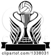 Poster, Art Print Of Black And White Volleyball Over A Trophy Cup Wings And A Blank Banner
