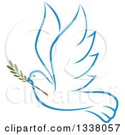 Poster, Art Print Of Sketched Light Blue Flying Peace Dove With A Branch 3