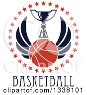 Poster, Art Print Of Winged Basketball And Trophy Cup In A Circle Of Stars Over Text