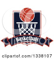 Poster, Art Print Of Basketball Over A Hoop Shield And Text Banner