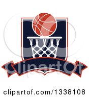 Poster, Art Print Of Basketball Over A Hoop Shield And Blank Banner