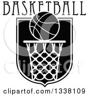 Poster, Art Print Of Black And White Basketball Over A Hoop And Shield With Text