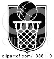 Poster, Art Print Of Black And White Basketball Over A Hoop And Shield
