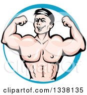 Clipart Of A Cartoon Strong White Male Bodybuilder Flexing His Muscles In A Blue Circle Royalty Free Vector Illustration by Vector Tradition SM