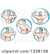 Clipart Of Cartoon Strong White Male Bodybuilders Flexing Muscles In Blue Circles Royalty Free Vector Illustration