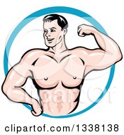 Poster, Art Print Of Cartoon Strong White Male Bodybuilder Flexing His Muscles In A Blue Circle 2