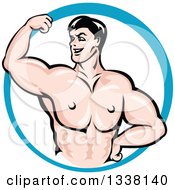 Poster, Art Print Of Cartoon Strong White Male Bodybuilder Flexing His Muscles In A Blue Circle 3