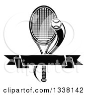 Clipart Of A Black And White Flying Tennis Ball And Blank Banner Over A Racket Royalty Free Vector Illustration