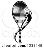 Clipart Of A Black And White Flying Tennis Ball And A Racket Royalty Free Vector Illustration by Vector Tradition SM