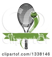 Clipart Of A Flying Tennis Ball And Blank Green Banner Over A Black And White Racket Royalty Free Vector Illustration
