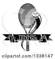 Clipart Of A Black And White Flying Tennis Ball And Text Banner Over A Racket Royalty Free Vector Illustration