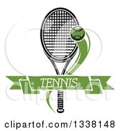 Clipart Of A Flying Tennis Ball And Green Text Banner Over A Black And White Racket Royalty Free Vector Illustration