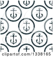 Poster, Art Print Of Seamless Background Pattern Of Navy Blue Anchors In Round Rope Frames
