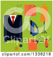 Clipart Of A Flat Design Mannequin And Mens Taylor Items With A Jacket Over Green Royalty Free Vector Illustration