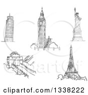 Poster, Art Print Of Black And White Sketches Of The Leaning Tower Of Pisa Big Ben Statue Of Liberty Great Wall Of China And Eiffel Tower