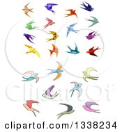 Poster, Art Print Of Colorful Flying Origami And Sketched Swallow Birds