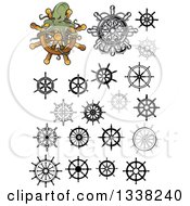 Clipart Of Ship Steering Wheel Helms And An Octopus Royalty Free Vector Illustration