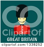 Poster, Art Print Of Flat Design Beefeater Guard Over Great Britain Text On Teal