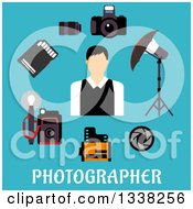 Poster, Art Print Of Flat Design Male Photographer With Accessories Over Text On Blue