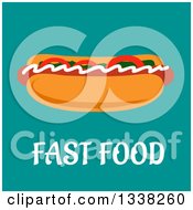 Poster, Art Print Of Flat Design Hot Dog Garnished With Toppings Over Text And Turquoise