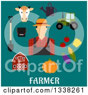 Poster, Art Print Of Flat Design Male Farmer With Icons Over Text On Turquoise