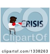Poster, Art Print Of Flat Design Black Businessman Punching Out A Crisis Over Blue