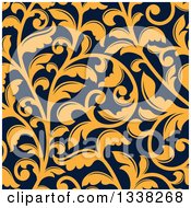 Poster, Art Print Of Seamless Background Pattern Of Yellow Vintage Floral Scrolls On Navy Blue