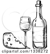 Poster, Art Print Of Black And White Sketched Cheese Wedge And Wine