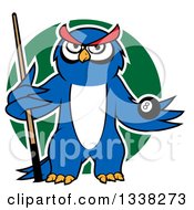 Poster, Art Print Of Cartoon White Outlined Blue Owl Holding An Eightball And Cue Stick Over A Green Circle
