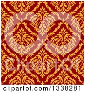 Clipart Of A Seamless Background Design Pattern Of Vintage Yellow Floral Damask On Red Royalty Free Vector Illustration