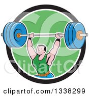 Poster, Art Print Of Retro Cartoon Strongman Bodybuilder Lifting A Barbell Over His Head Emerging From A Black White And Green Circle
