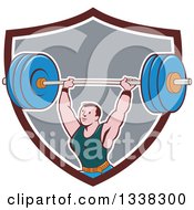 Retro Cartoon Strongman Bodybuilder Lifting A Barbell Over His Head Emerging From A Brown White And Gray Shield