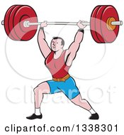 Clipart Of A Retro Cartoon Strongman Bodybuilder Doing Lunges With A Barbell Over His Head Royalty Free Vector Illustration